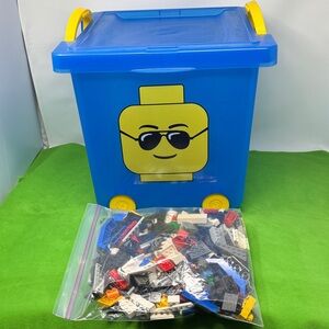 Lego storage with Legos and minifigures